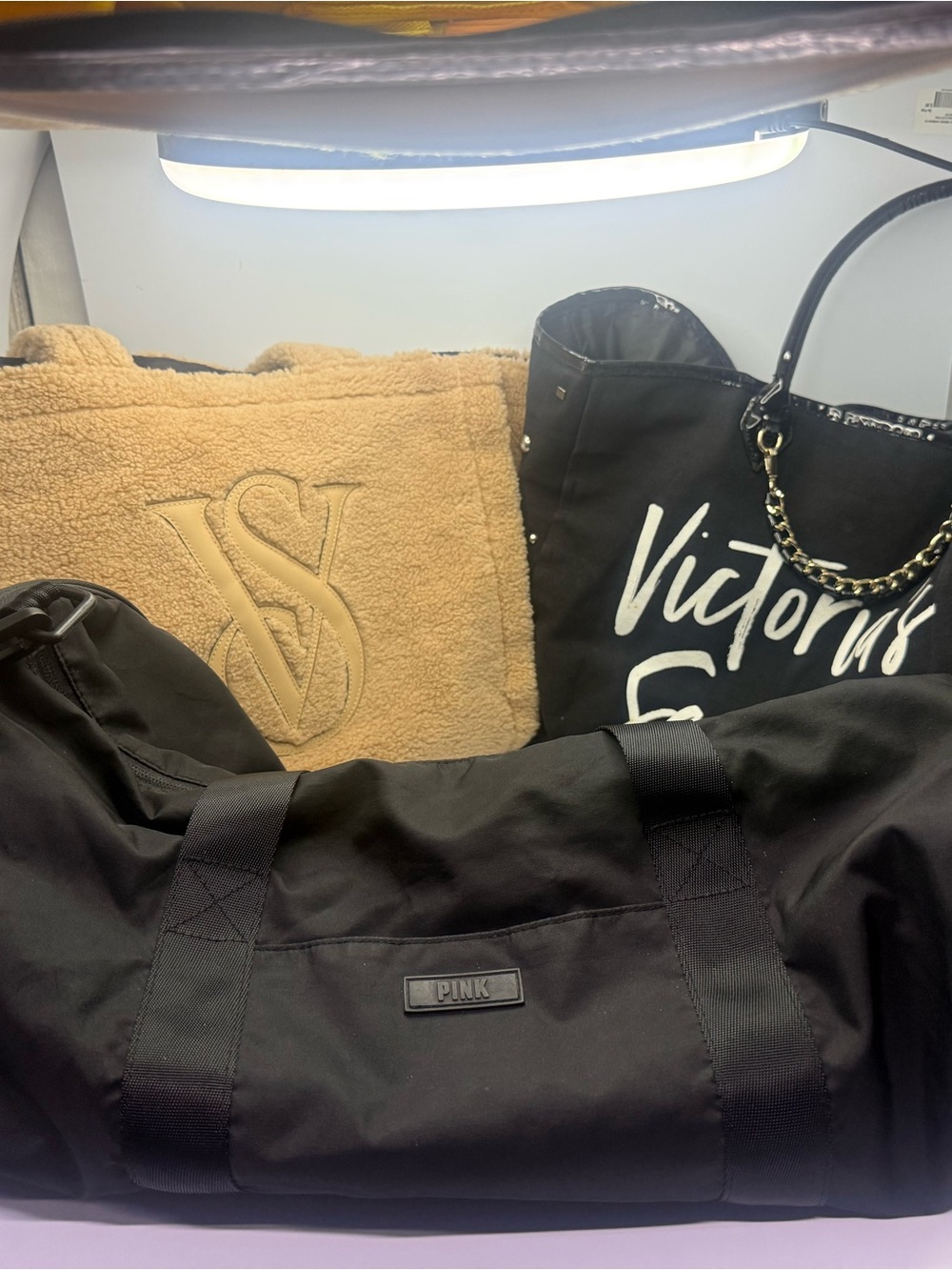 Victoria's Secret Black Duffel with Tan Sherpa and Black Script Tote all 3 for40